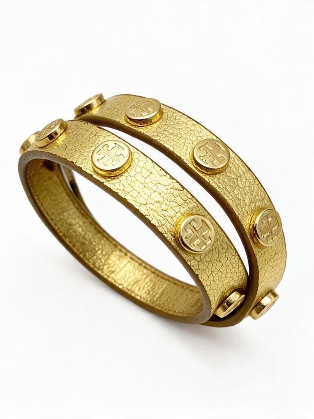 Tory Burch Metallic Gold Double-Wrap Logo Stud Bracelet